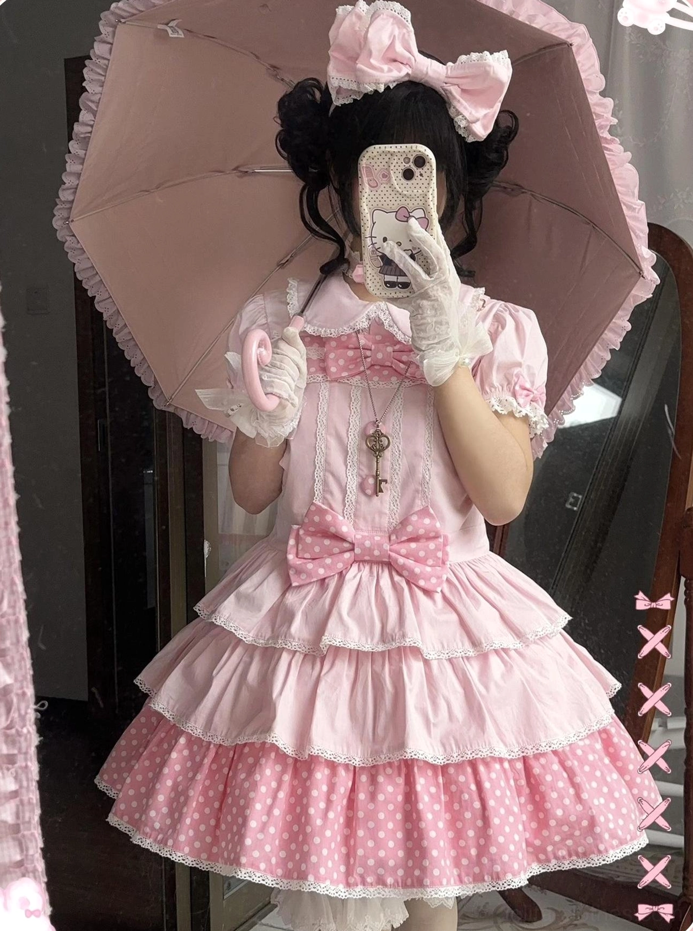Pink sweet lolita salopette jsk cross pendant triple tiered ruffled hem front styling