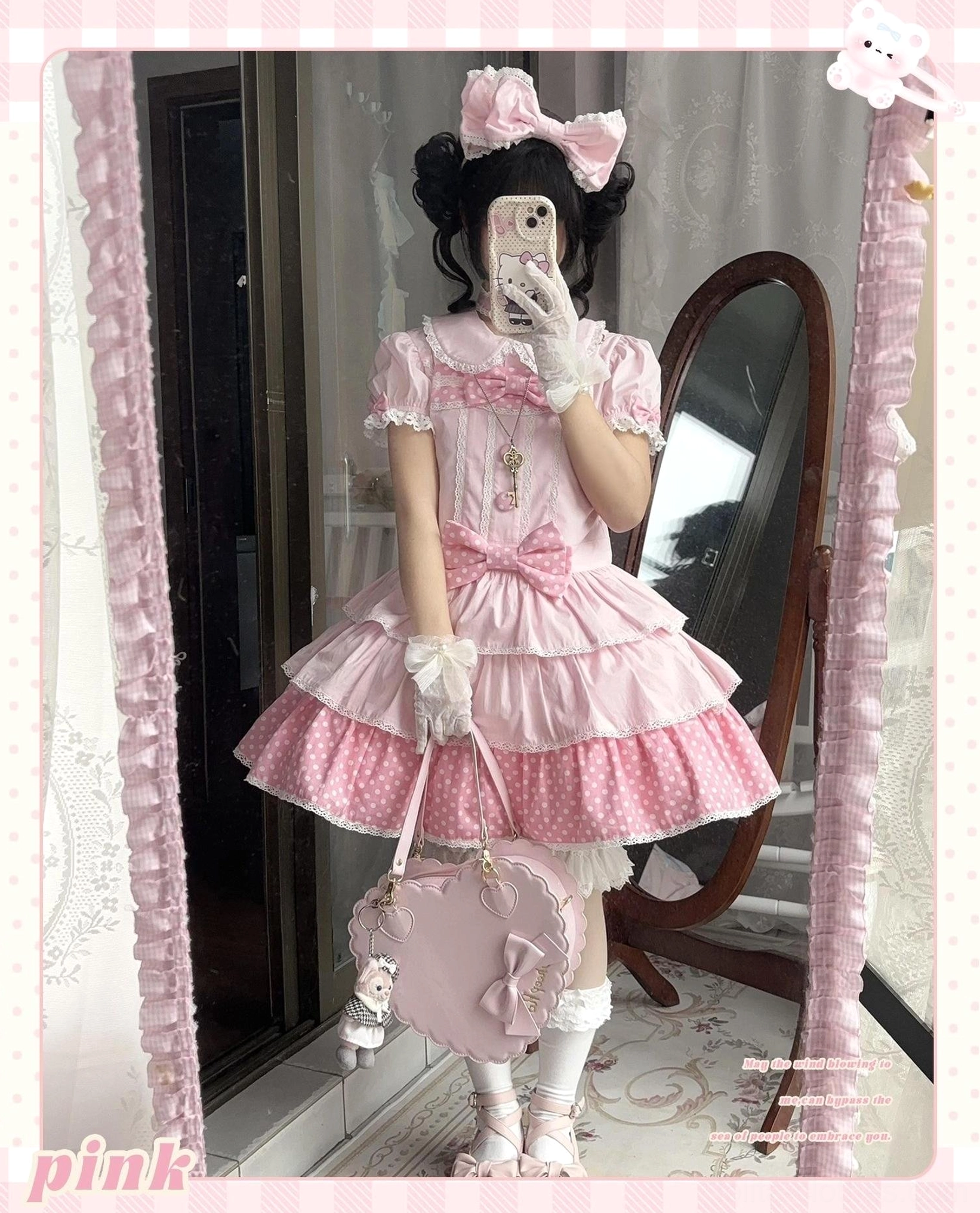 Pink sweet lolita salopette jsk lace puff sleeves front button placket three-tiered polka dot hem mirror