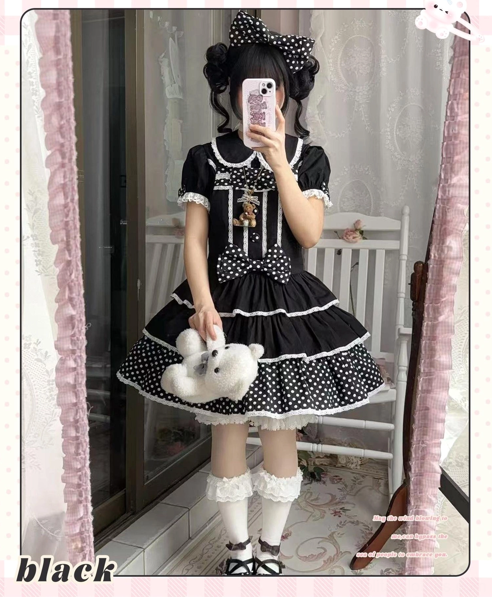 Pink sweet lolita salopette jsk lace puff sleeve details button placket styling