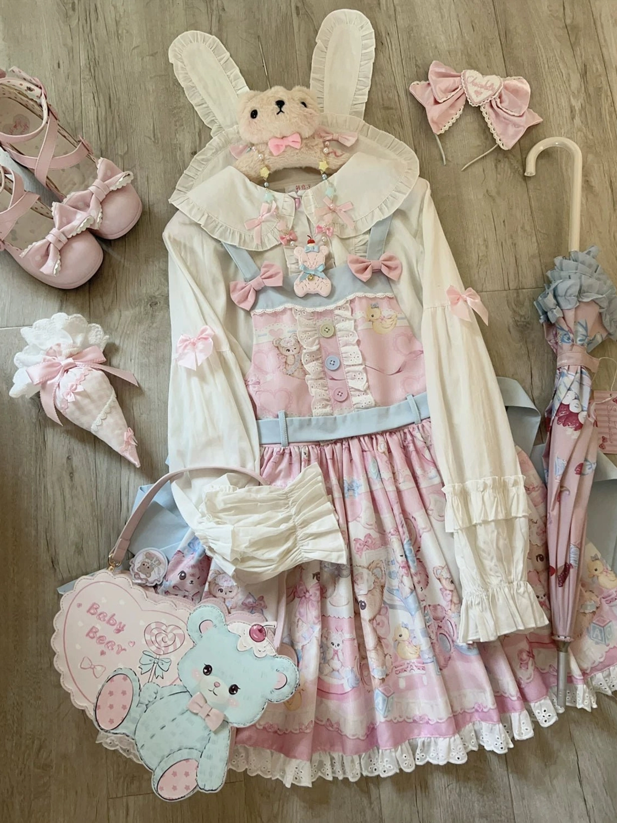 Pink sweet lolita salopette jumper skirt bear rabbit cute animal print high-waist suspender dress full view