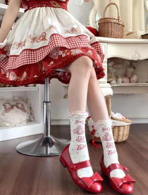 Pink printed Sweet Lolita mid-calf socks close-up leg view white base teacup bear prints red gingham dress Mary Jane shoes tea party style