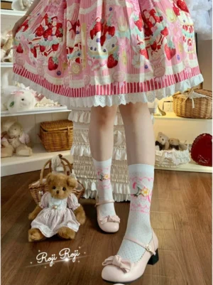 Pink sweet lolita strawberry print mid-calf socks white base floral and strawberry embroidery paired with light pink mary jane shoes and pink strawberry lolita skirt