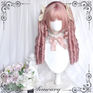 Pink sweet lolita wig with detachable roman curl ponytails full front display on white mannequin head dusty rose color air bangs cream hair bows floral decoration
