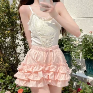 Pink tiered ruffle bloomers adjustable elastic waist drawstring bow detail side front view model selfie sweet lolita daily wear aesthetic
