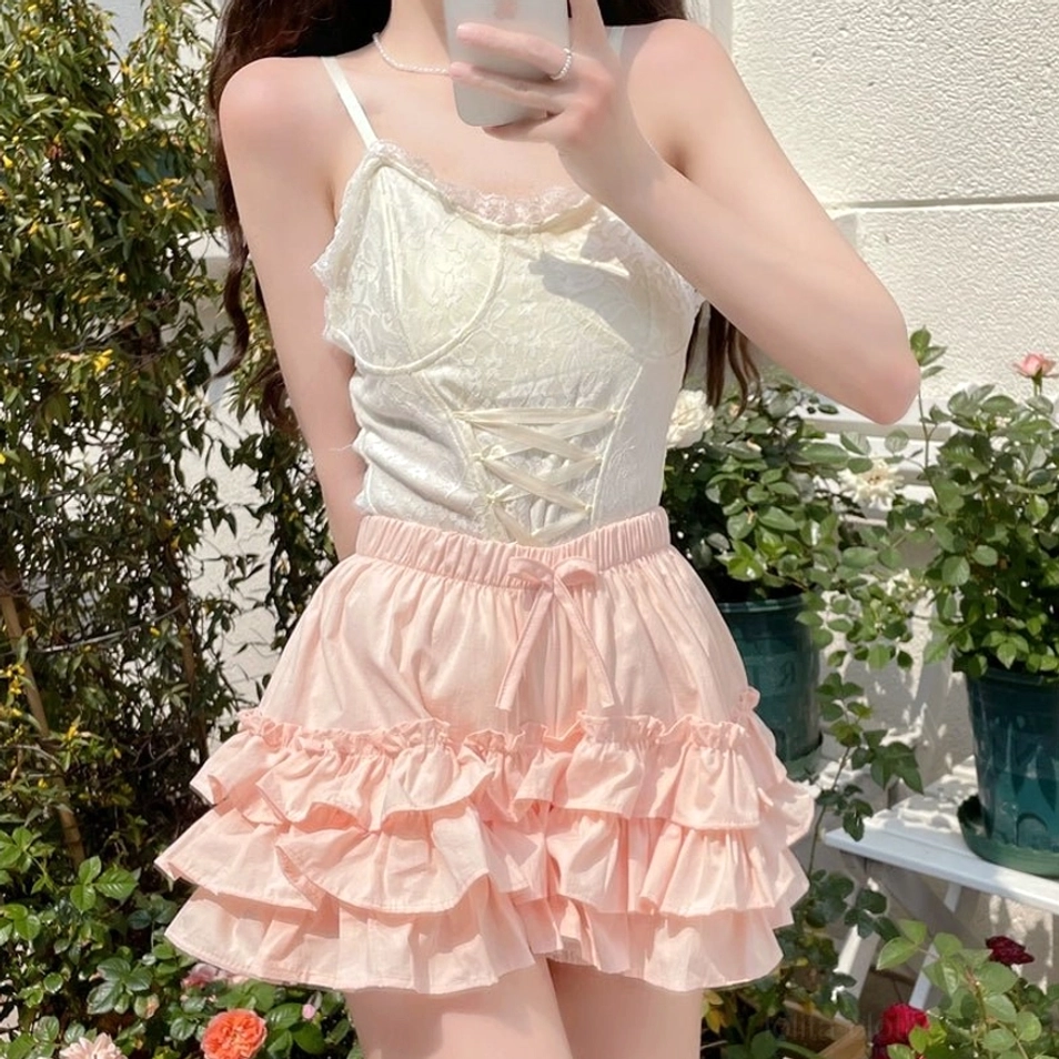Pink tiered ruffle bloomers adjustable elastic waist drawstring bow detail side front view model selfie sweet lolita daily wear aesthetic