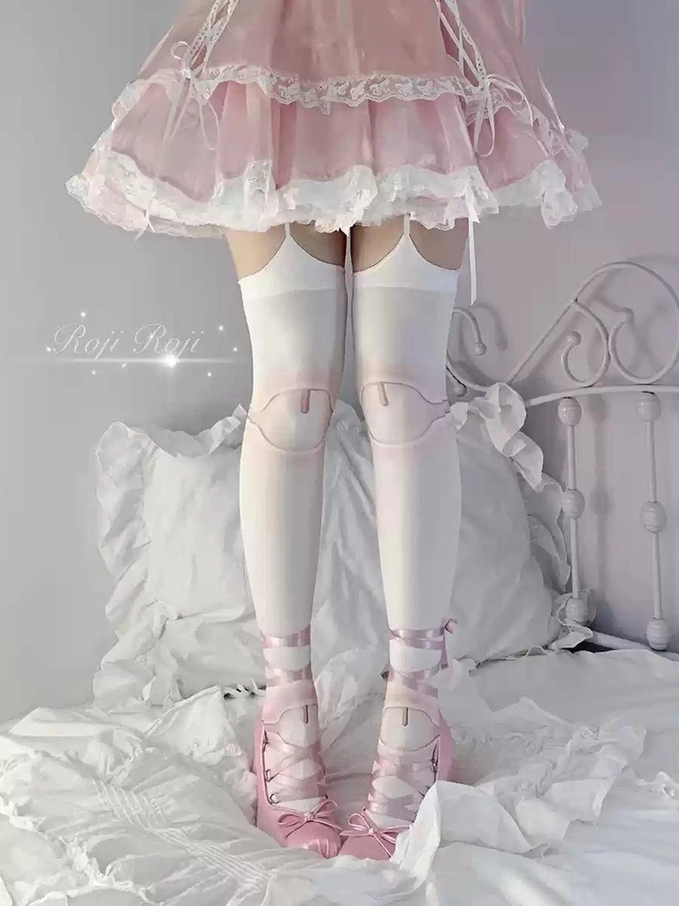 Pink velvet over-the-knee non-strap joint print Lolita pantyhose no-slip design