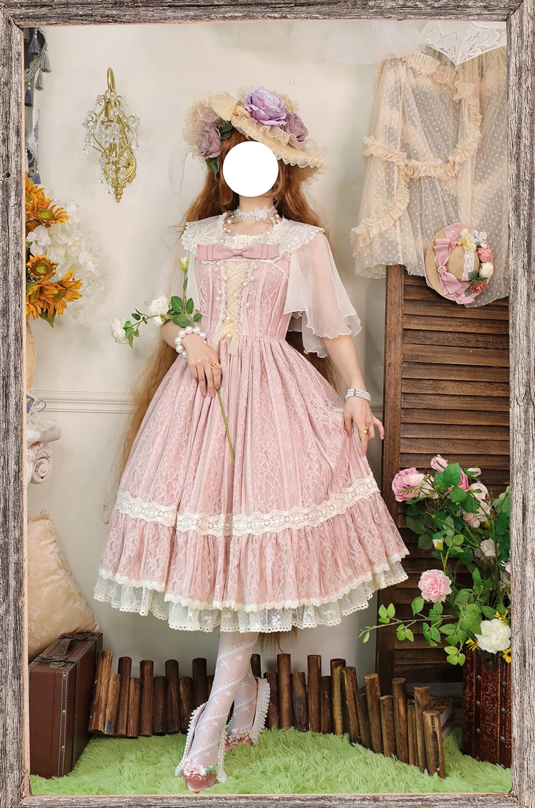 pink vintage lolita blouse with lace overlay ruffled hemline and corset waist coordination set