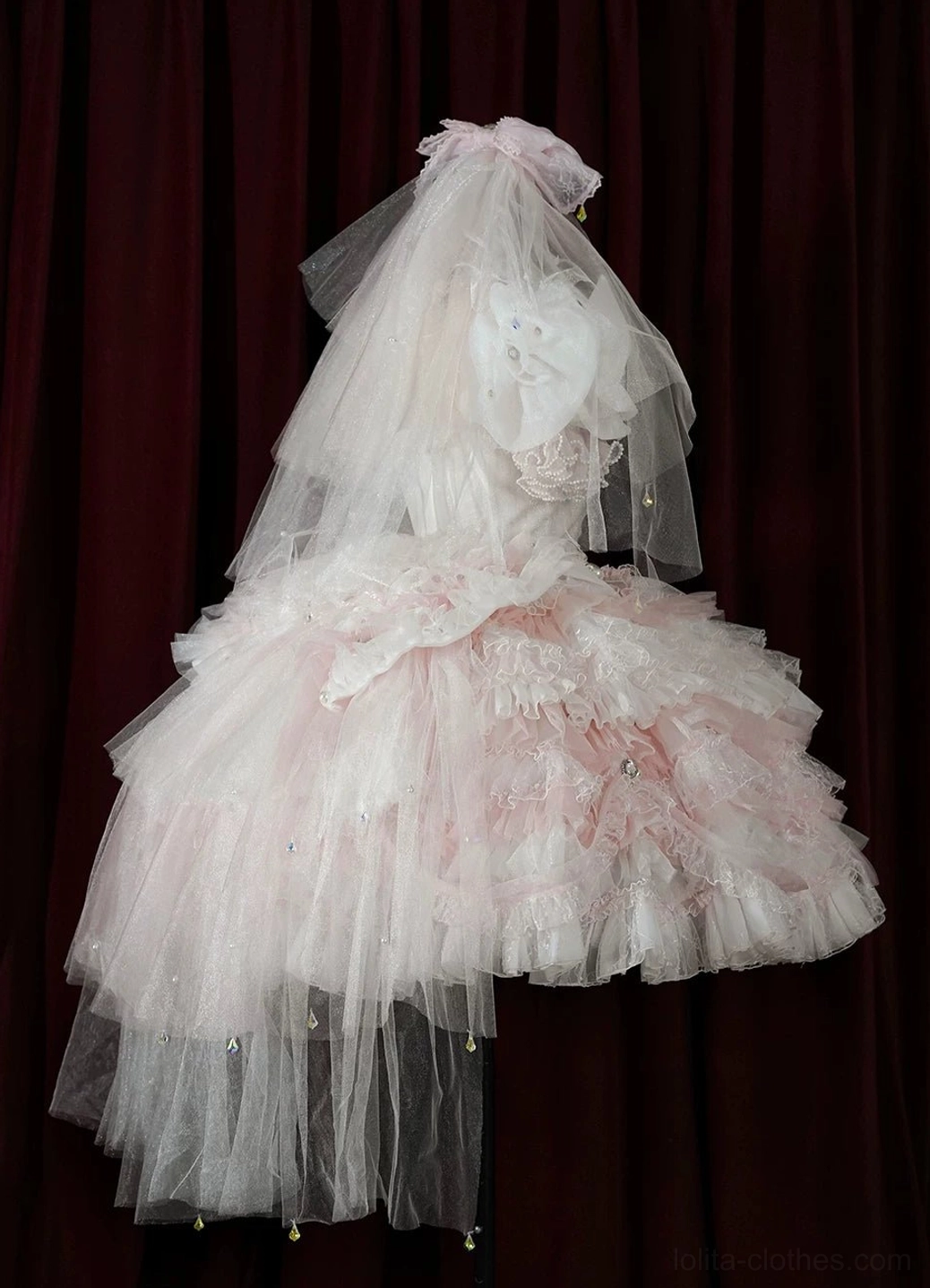 Pink white gradient sweet Lolita tea party headdress veil with bow and beaded tulle trim three-quarter view