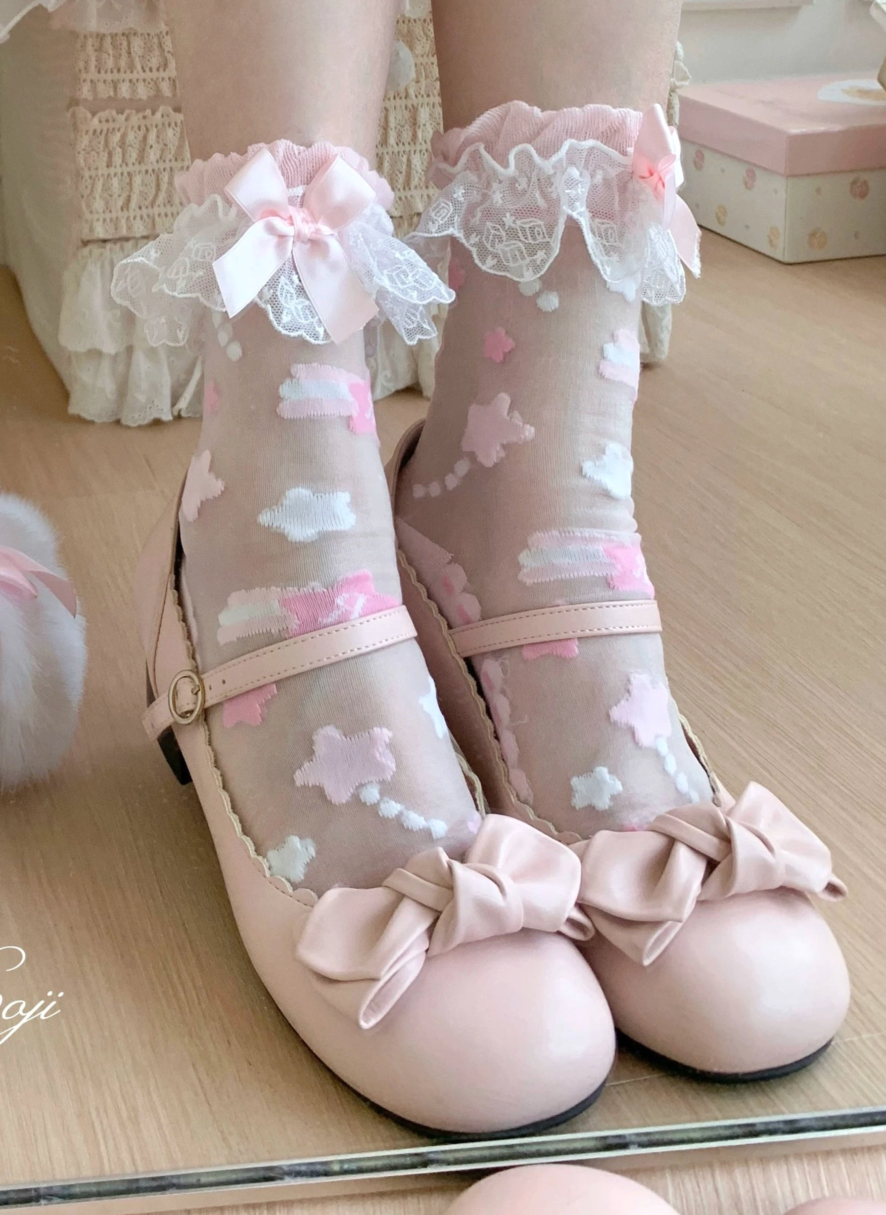 Pink and white lolita sheer socks with star pattern and deep pink satin bow with pink mary jane shoes