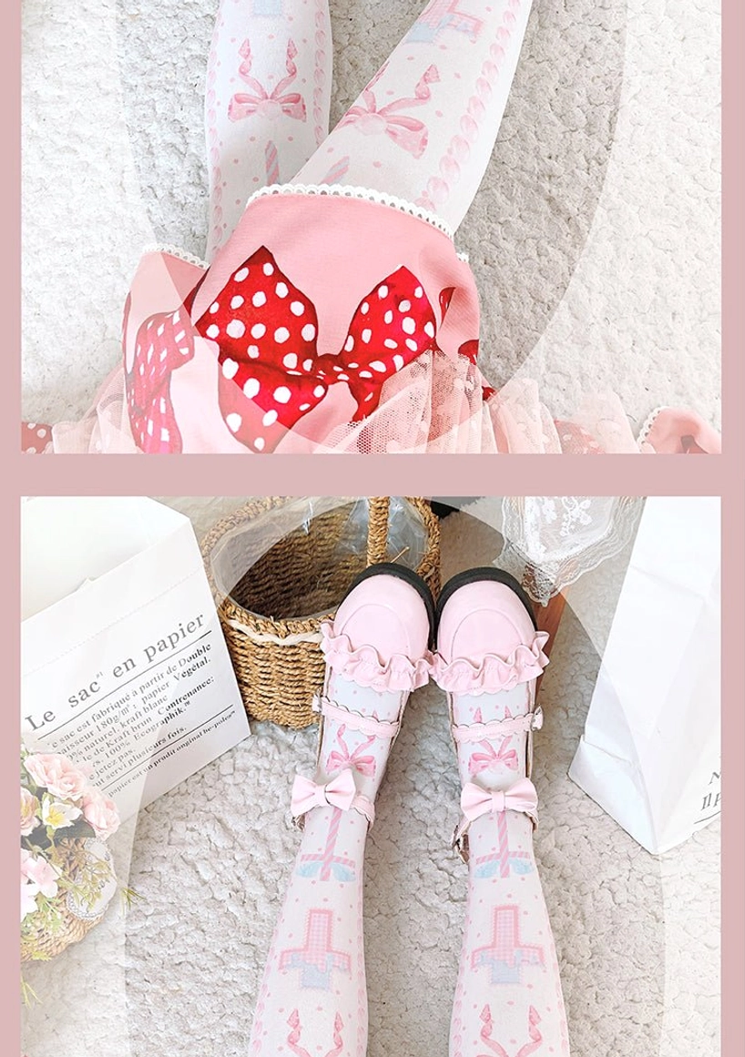 Detail shots of pink and white lolita coordinate featuring strawberry bow dress waist and front view of pink thigh high stockings with bow pattern
