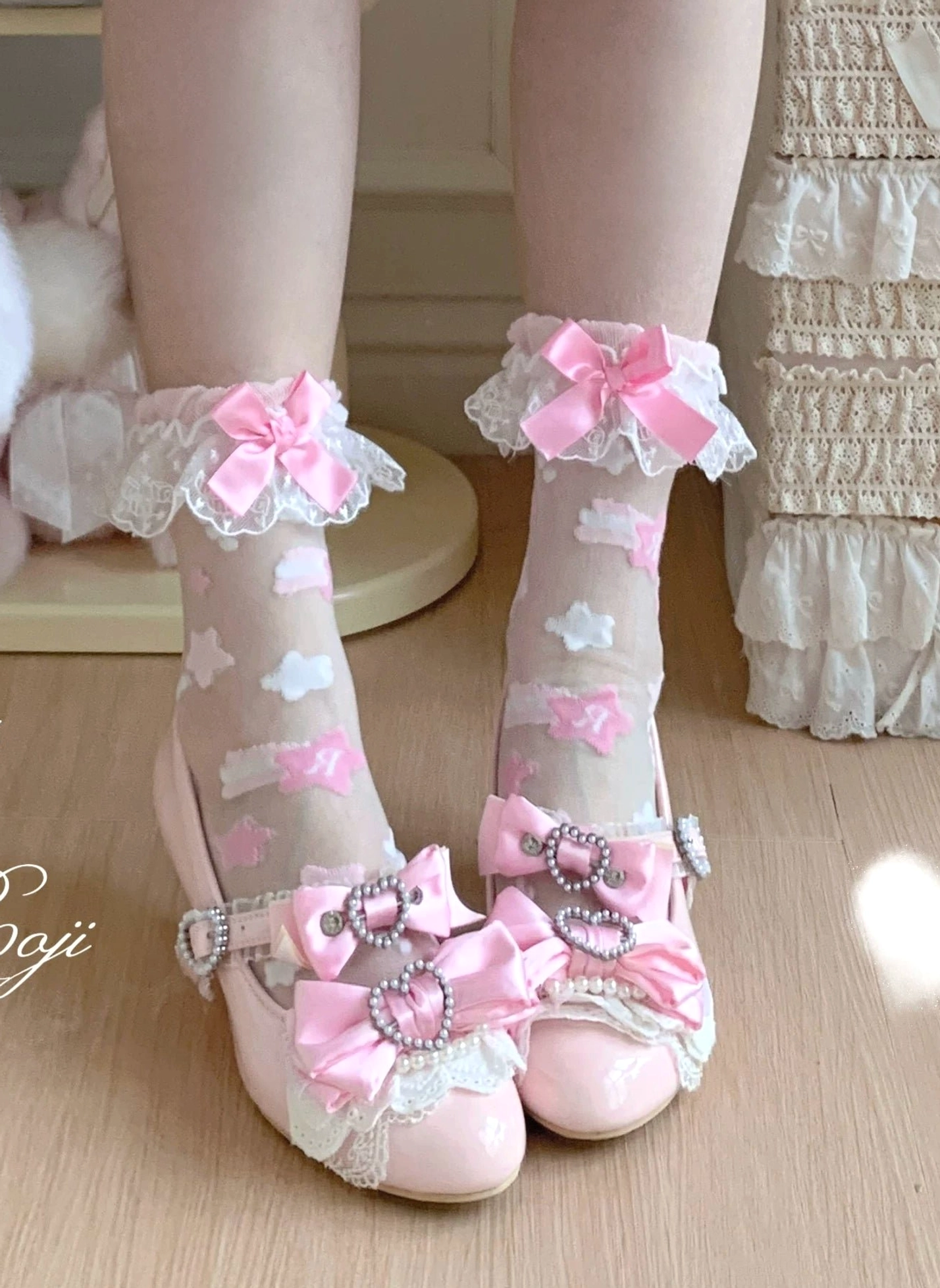 Pink x white lolita socks with pastel star embroidery light pink bow and gemstone mary jane shoes