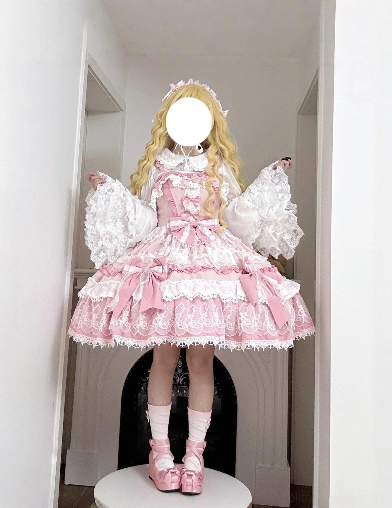 Pink-white Sweet Lolita dress with lace blouse puffy hime trumpet sleeves tiered ruffle hem model full body
