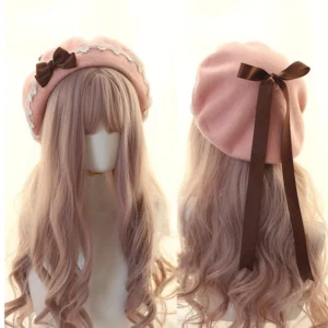 Pink woolen Japanese lolita beret with brown detachable bow and white lace brim trim front and back view