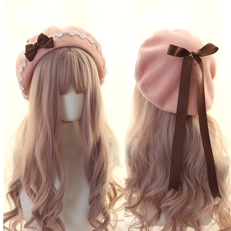 Pink woolen Japanese lolita beret with brown detachable bow and white lace brim trim front and back view