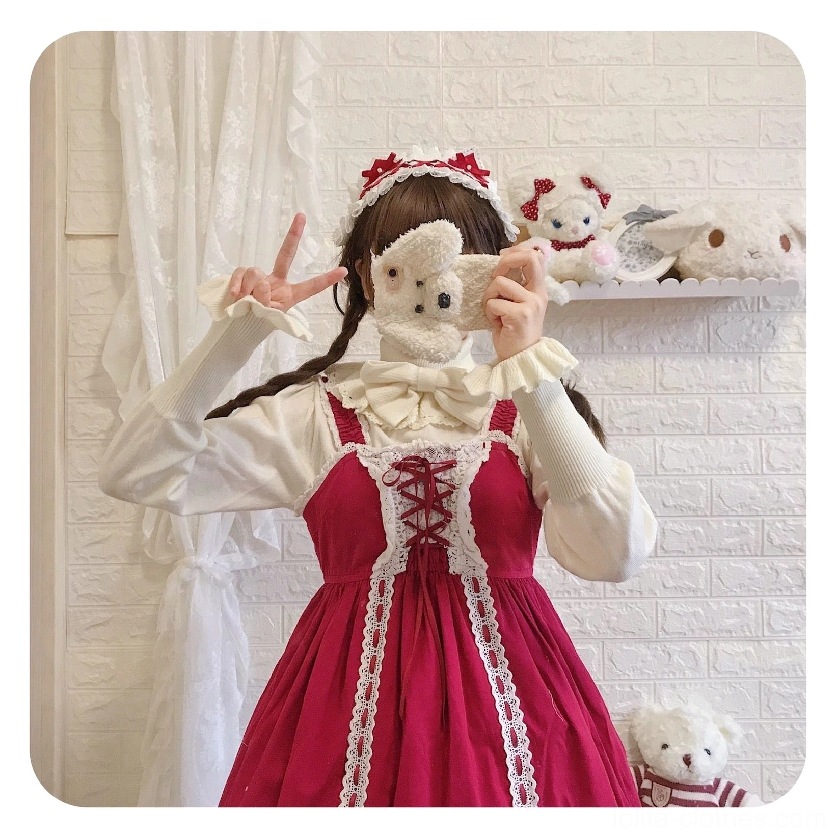 Pink wool lolita sweater coordination example sweet lolita full look styling with matching accessories