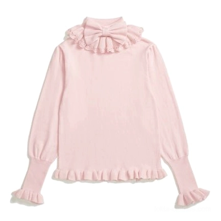 Pink ruffled turtleneck wool lolita sweater front flat lay display sweet lolita inner knit with flounced collar and cuffs