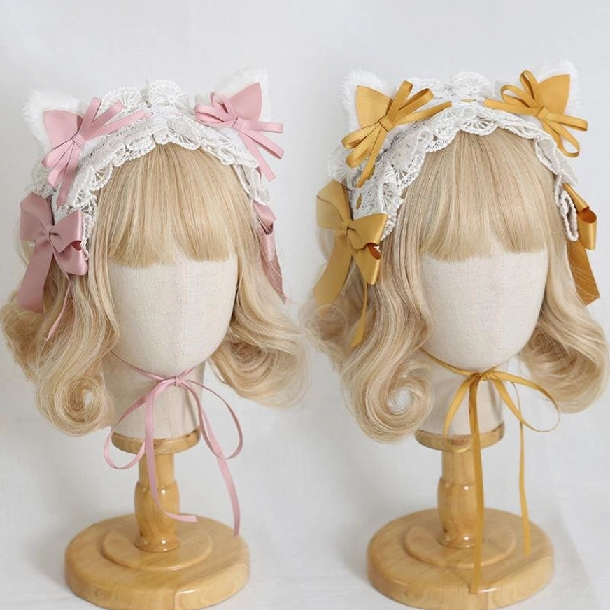 pink and yellow cat ear sweet lolita headband sets matching color bows chin straps white lace trim dual mannequin display