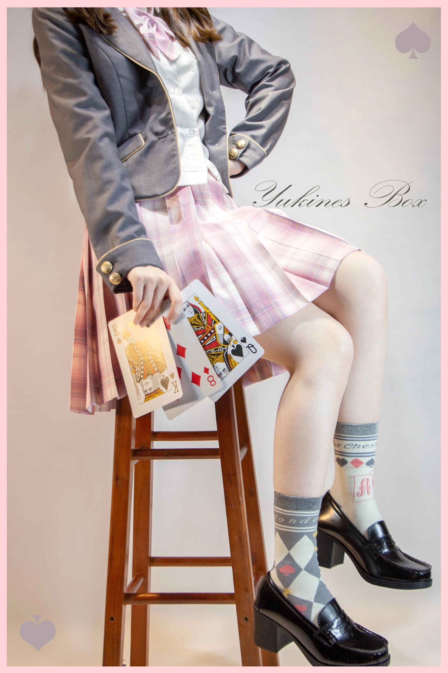 Pinkish red asymmetrical poker lolita cotton over-the-knee socks detailed close up pattern print quality premium cotton