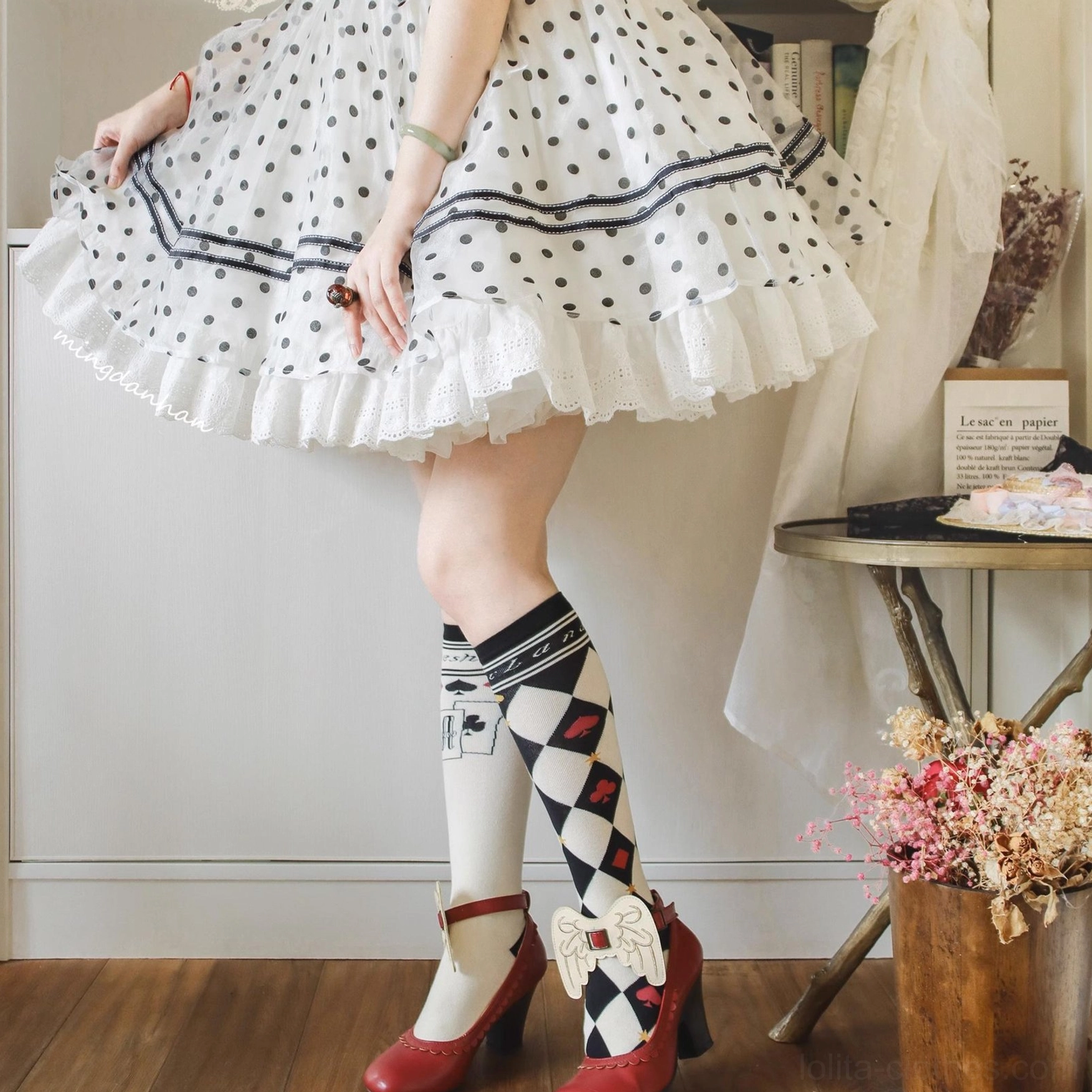 Pinkish red asymmetrical print lolita cotton socks detail view diamond grid and poker card pattern premium cotton material