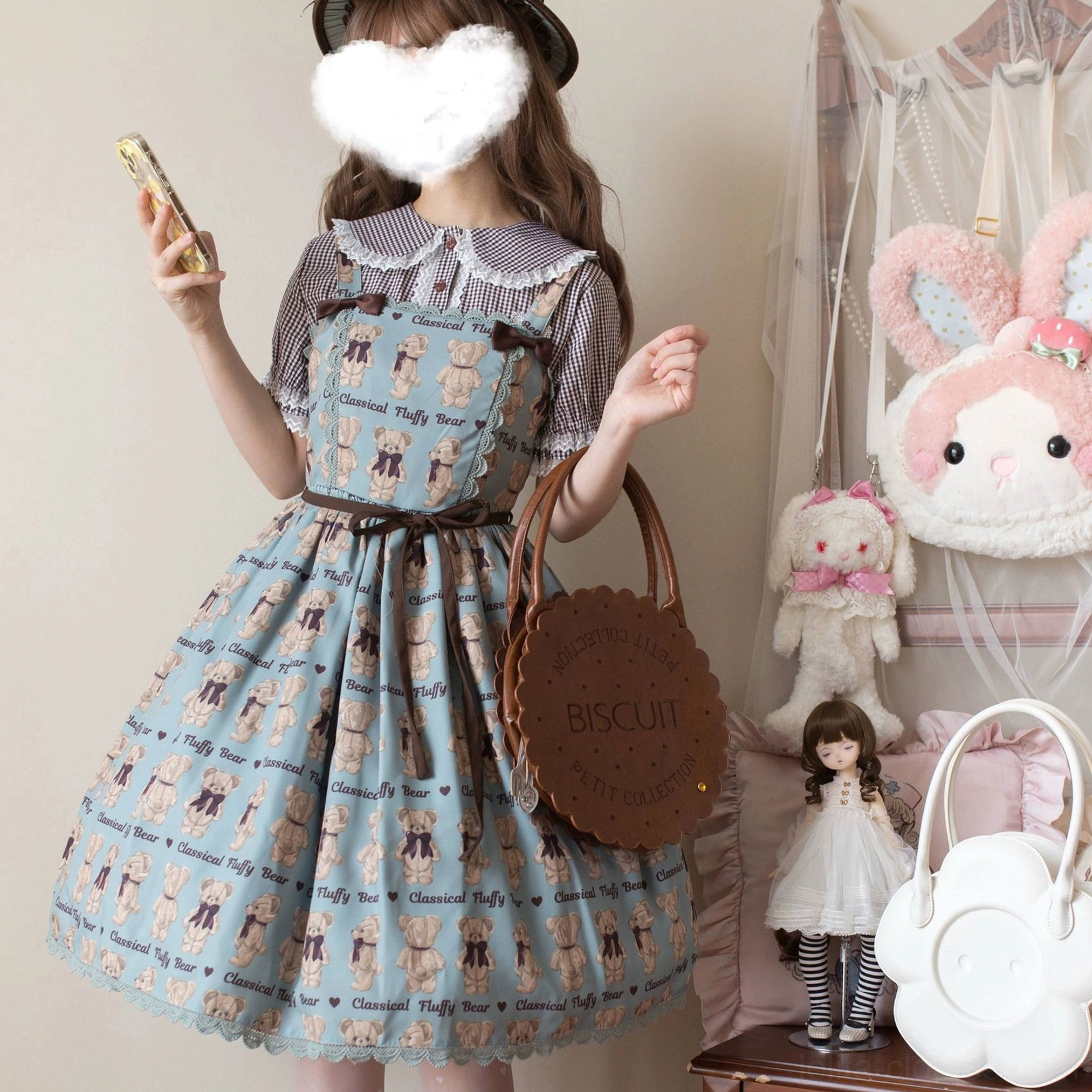 Gingham plaid pattern texture and cotton-blend fabric quality of Lolita blouse up close