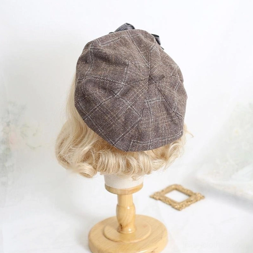 Grey-brown octagonal plaid wool lolita beret rear top angle view on blonde curly wig, sweet lolita headwear showing back silhouette, Japanese lolita daily wear hat