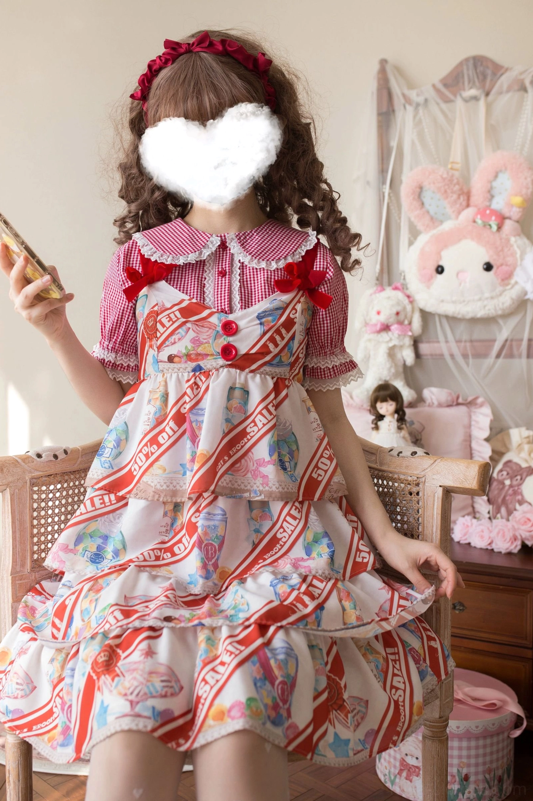 Multiple color variations of plaid Lolita blouse with cat ear collar displayed in coordinated arrangement