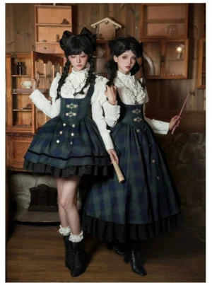 Preppy plaid lolita jumper skirt with three-layer ruffled chest detail corset bodice and double-breasted metal button decorations front view with model