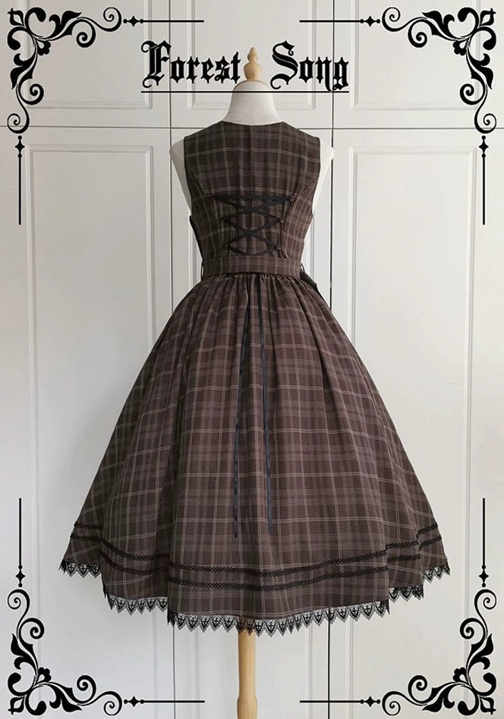 Lolita jumper dress back view showing lace-up corset back design tartan plaid a-line skirt with lace hem trim on mannequin display