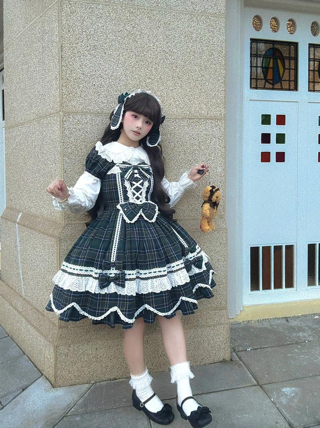 Plaid lolita one-piece dress model in indoor lolita-themed room setting wearing complete Old School coordinate and styling