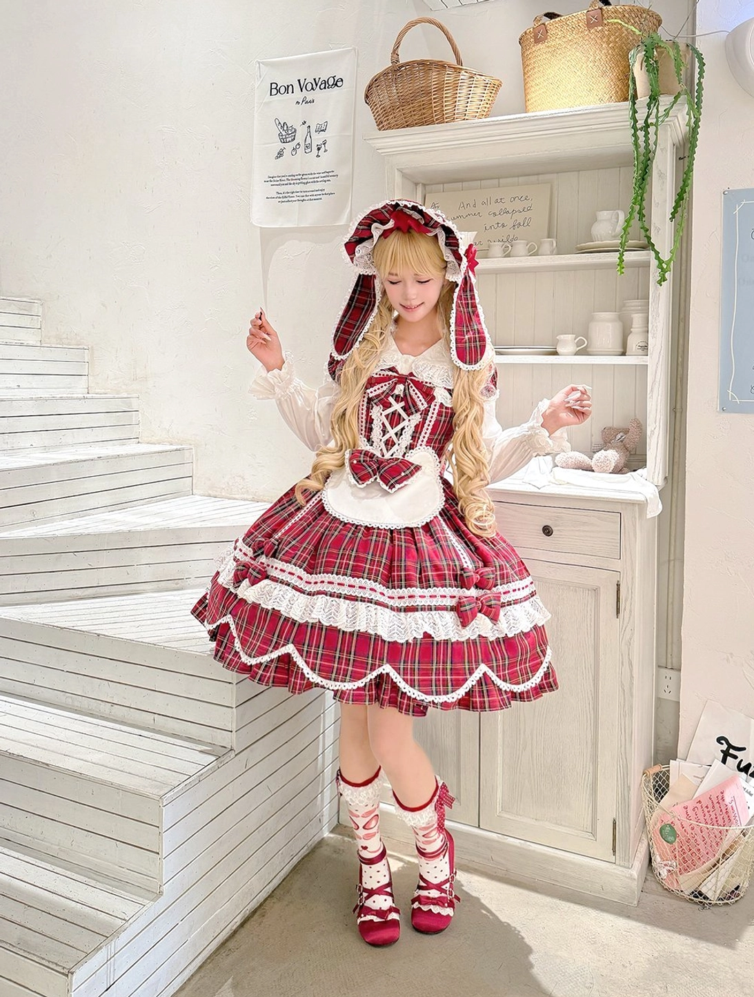 Plaid lolita OP dress sleeve detail showing short sleeve cut, lace cuff, and upper bodice construction of classic Old School design