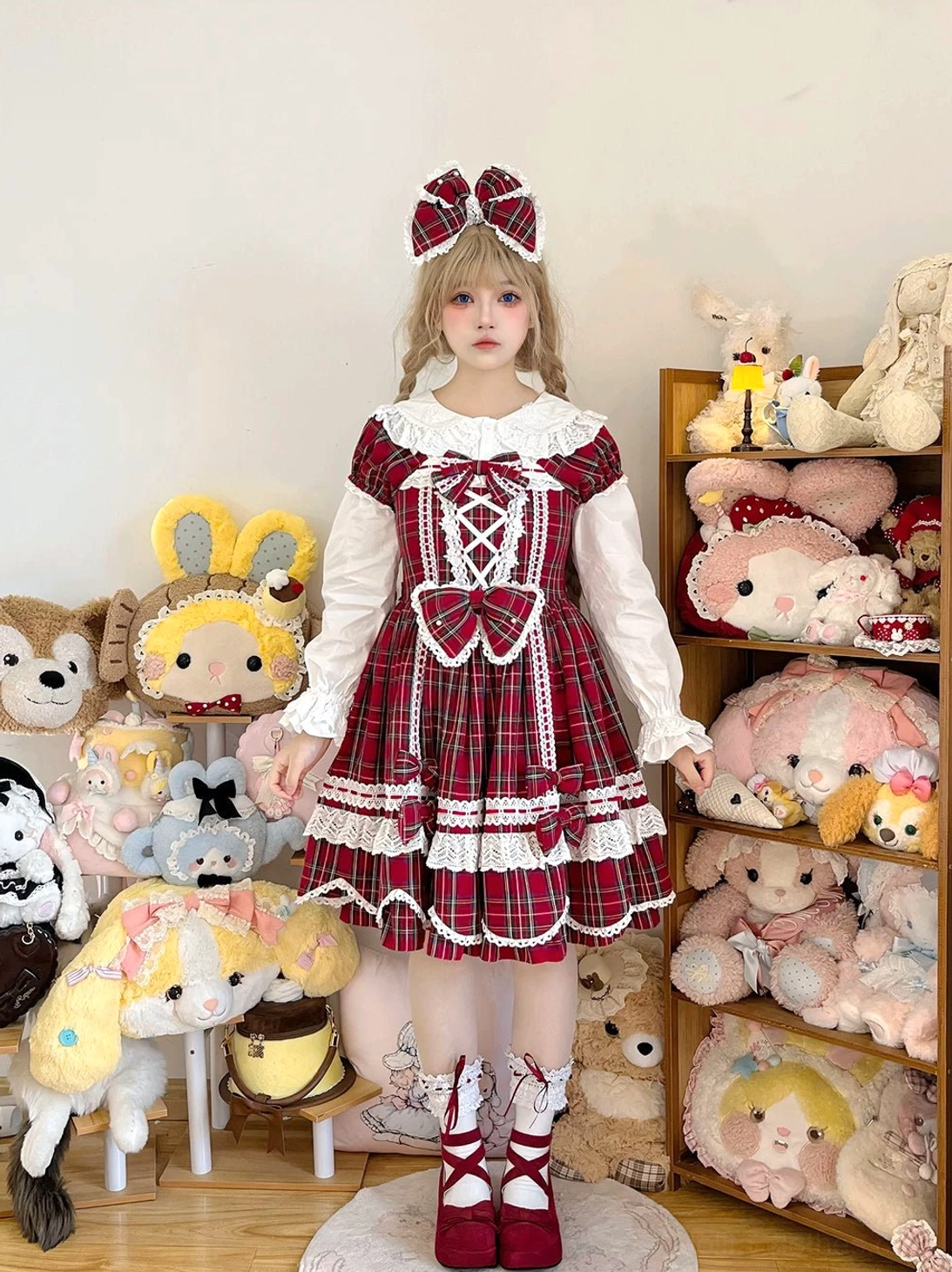 Red and green plaid lolita OP dress color variations showing different tartan pattern options and coordinating color choices available