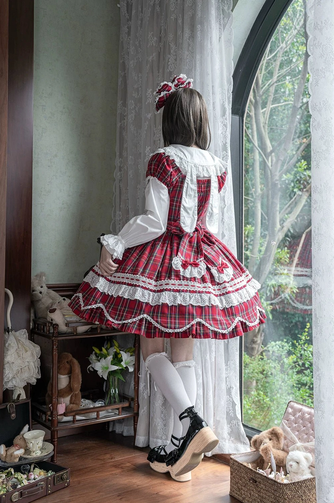 Plaid lolita OP dress model wearing with white knee-high socks and black Mary Jane shoes demonstrating complete Old School coordinate