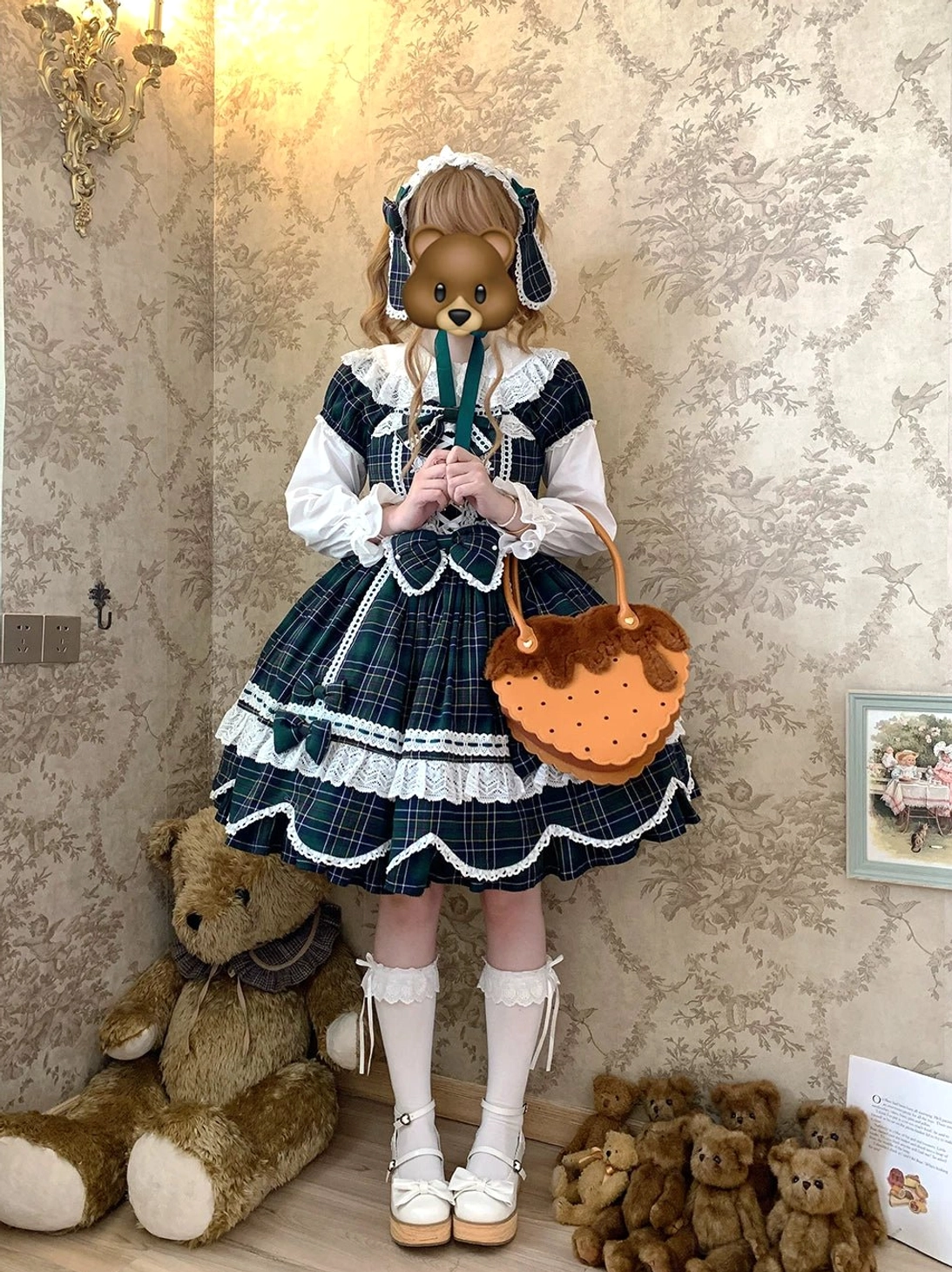 Plaid lolita OP dress outdoor setting vintage garden background demonstrating photogenic design and aesthetic appeal for photography