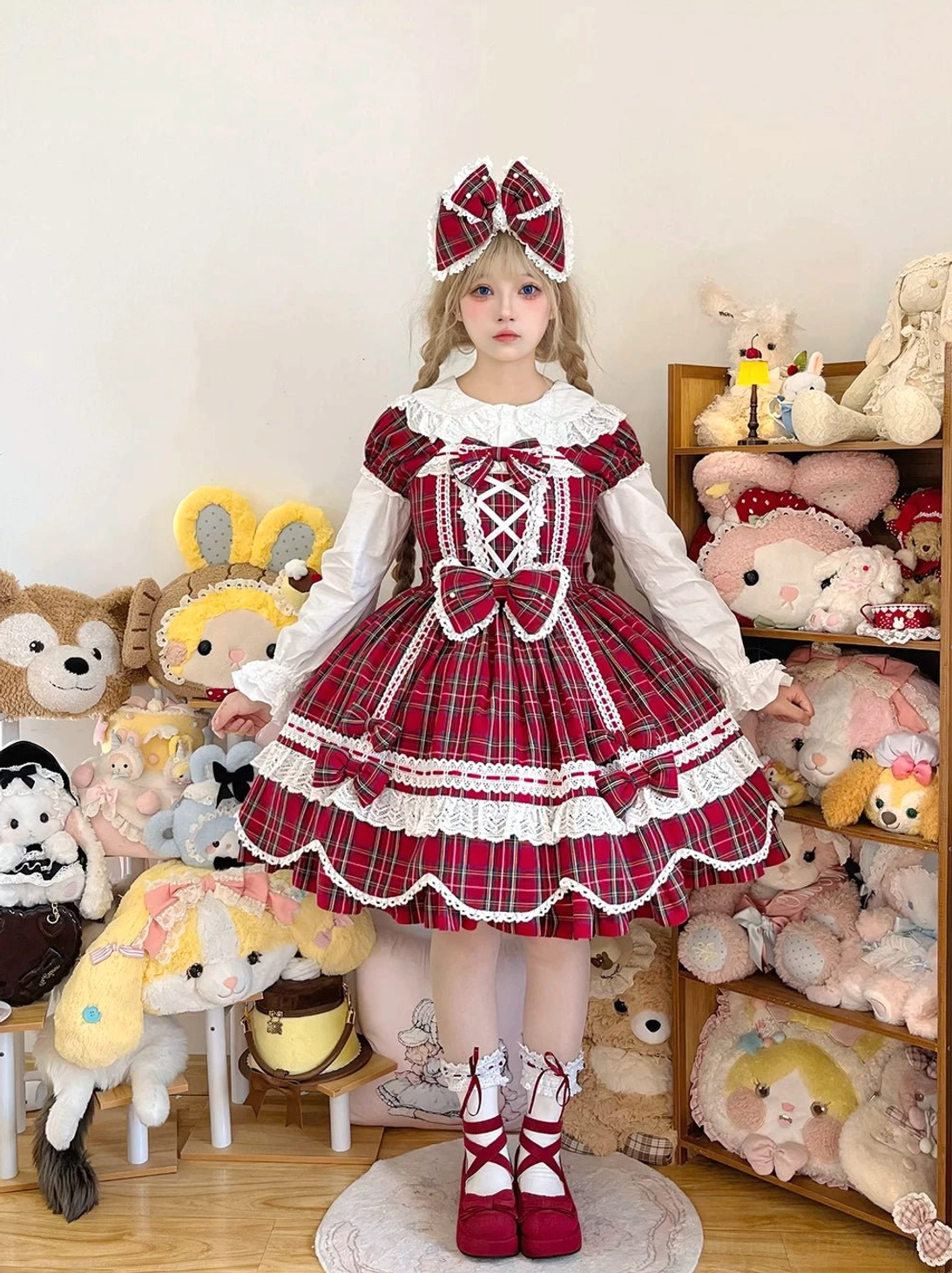 Plaid lolita OP dress side view showing dress structure, petal hem design, sleeve length, and overall silhouette of classic Old School design