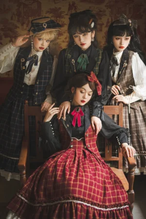Plaid lolita vest group photo vintage study elegant tartan waistcoat models