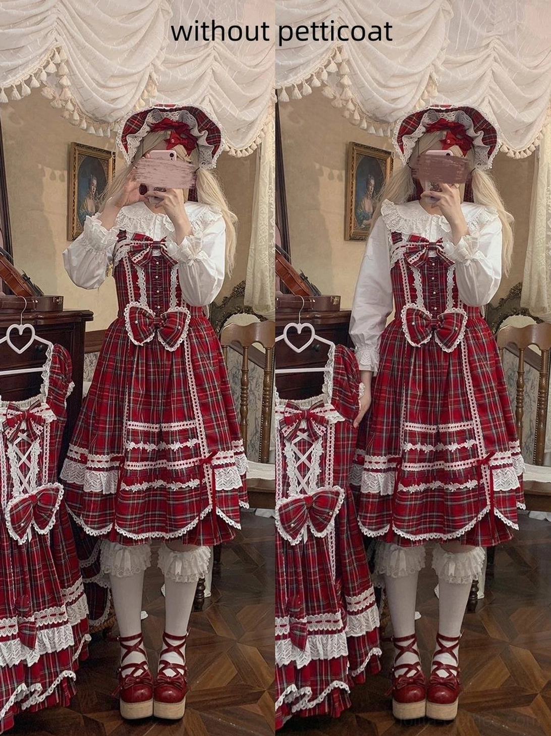 Plaid Petal Bunny old school lolita JSK dress front waist bow statement piece dimensional volume three-dimensional ribbon detail photography