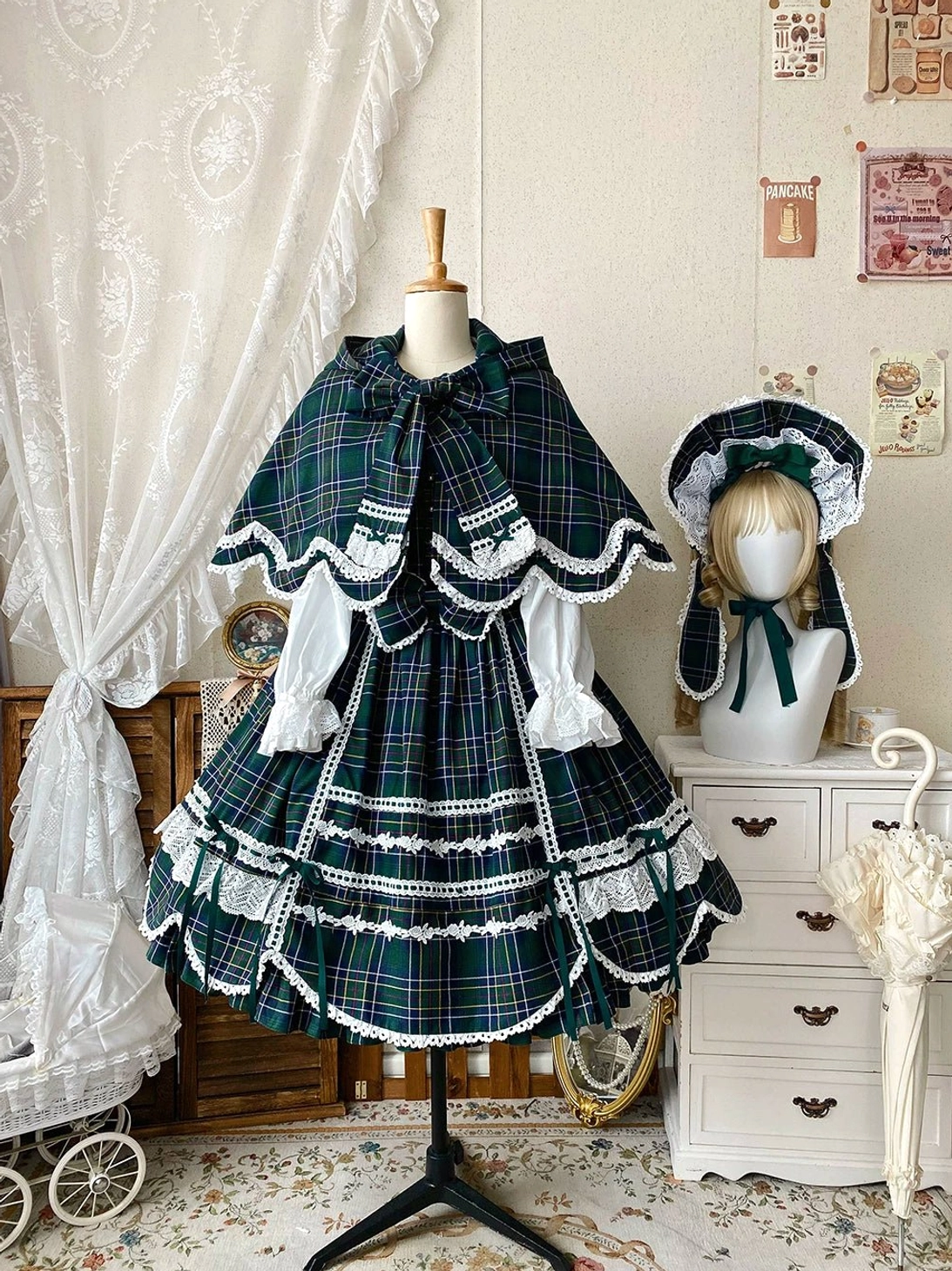 Plaid Petal Bunny old school lolita JSK dress pearl accent details lustrous embellishment dimensional sophistication decorative elements close-up photography