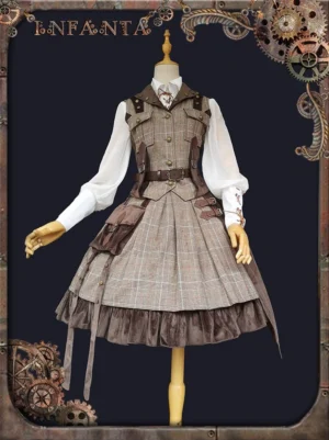 Front full-body dress form display of plaid tailored vest and pleated velvet-hemmed SK skirt with side pockets and adjustable waist belt against dark steampunk themed background with decorative gear borders