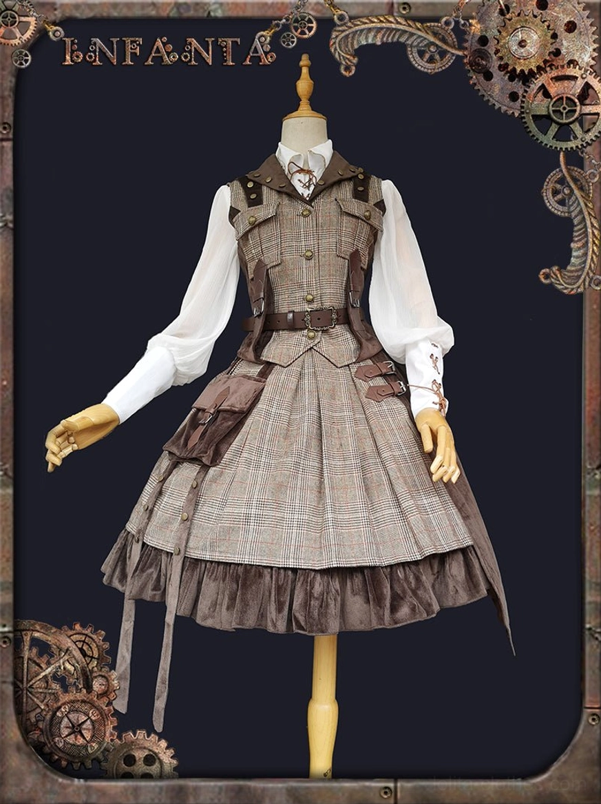 Front full-body dress form display of plaid tailored vest and pleated velvet-hemmed SK skirt with side pockets and adjustable waist belt against dark steampunk themed background with decorative gear borders