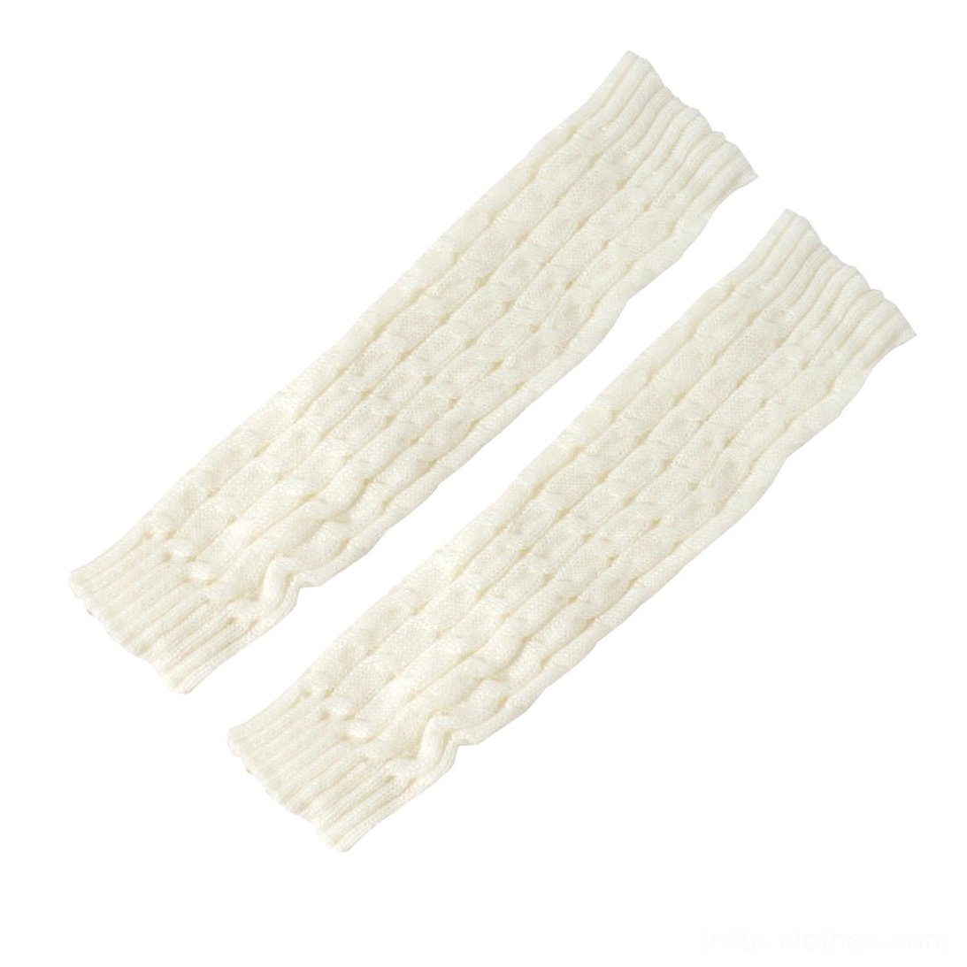 Plain cable knitted long leg warmers flat lay on white background solid off-white color no extra decorations sold as pair two leg warmers lolita fashion basic