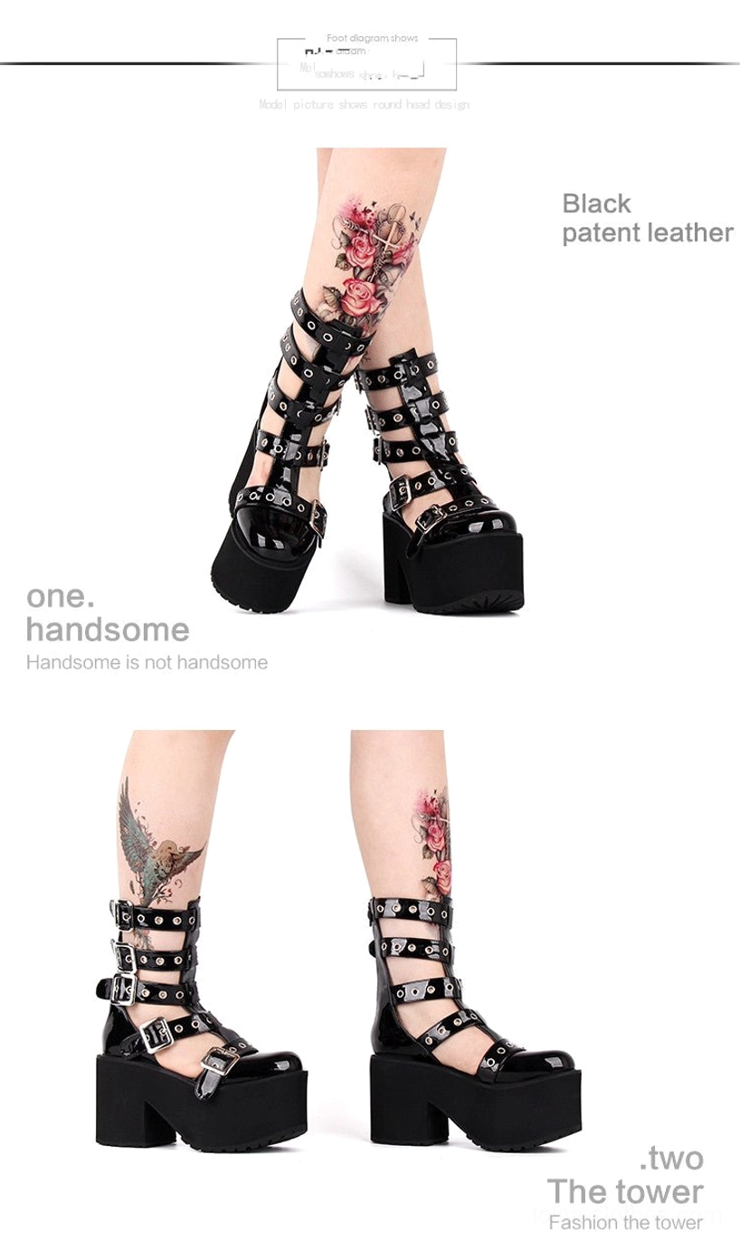 Compact mini product preview shots of platform gladiator boots labeled with text captions, displaying black patent leather material and chunky block heel styling from multiple angles