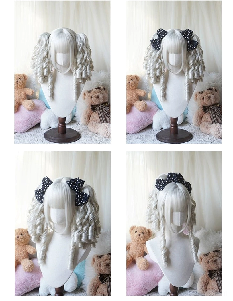 Platinum blonde Lolita detachable curl ponytail bob wig with blunt bangs and tight spiral curls without additional accessories on mannequin