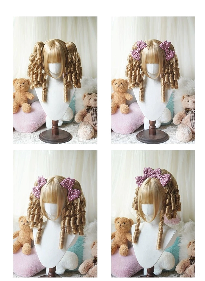 Platinum blonde Lolita detachable curl ponytail wig with black polka-dot twin bows shown in three-quarter view displaying side curl ponytails