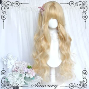 Light platinum blonde long curly Lolita wig with soft air bangs and loose wavy layers shown on plain white mannequin head from front angle