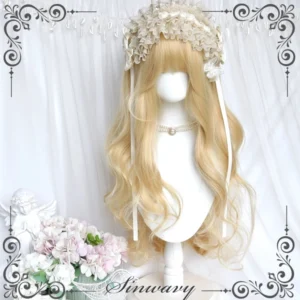 Platinum blonde Lolita wig with air bangs displayed on mannequin head with white lace hair accessory, pink bow, and vintage jewelry in elegant Lolita styling