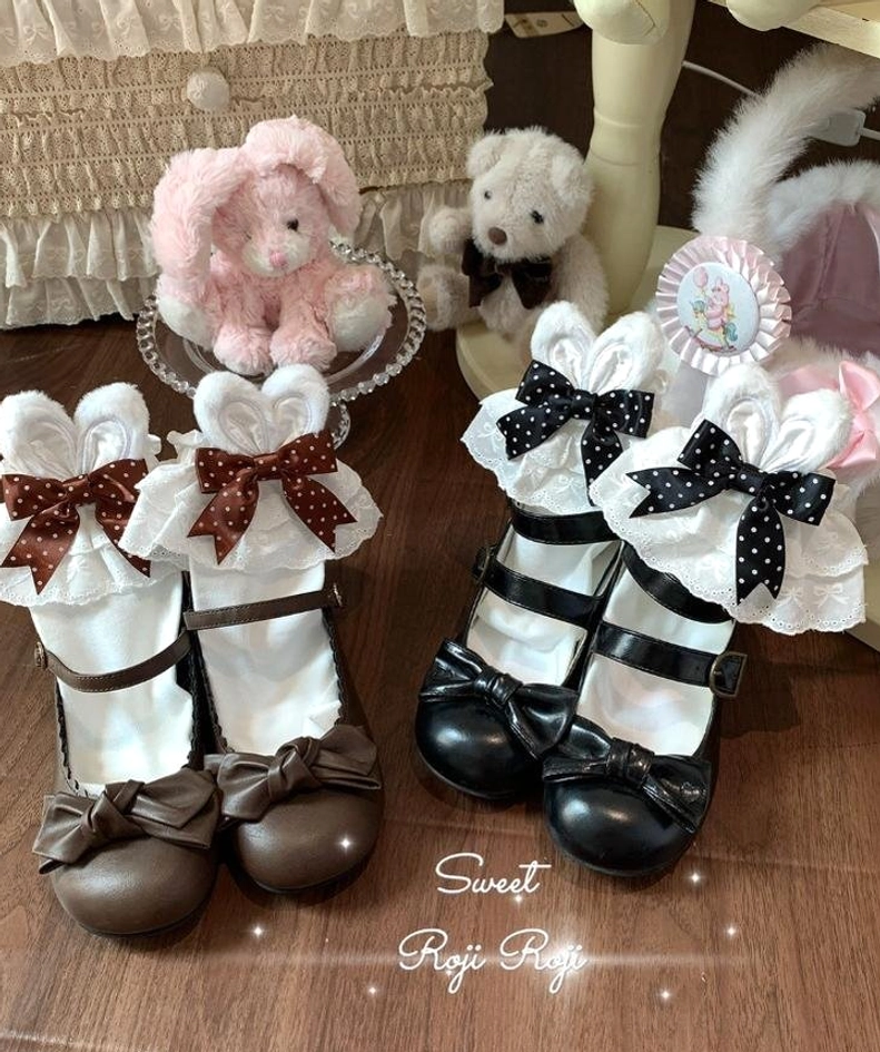 Plum pink polka dot bunny ear lolita socks combed cotton handmade accents sweet lolita fashion kawaii sock collection
