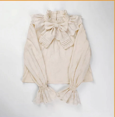 Beige cream plus size lolita cotton blouse with stand ruffled collar pleated fabric bow decoration flared cuffs lace trim
