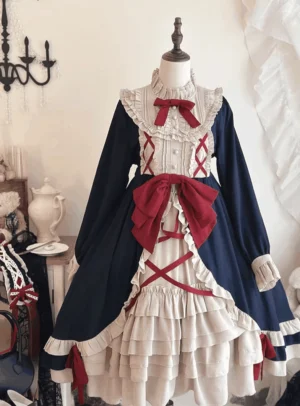 Plus size Halloween gothic lolita OP dress navy blue cream white front view on dress form mannequin vintage candelabra backdrop