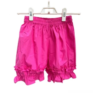 Plus-size lolita bloomers in romantic rose pink with multi-layered ruffled leg cuffs, front display on white hanger showing elastic waist bloomer style silhouette