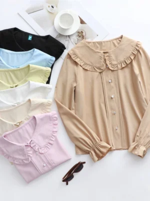 Plus size lolita doll collar blouse with flared sleeves available in khaki and blue colors flat lay display featuring ruffled collar and pearl buttons